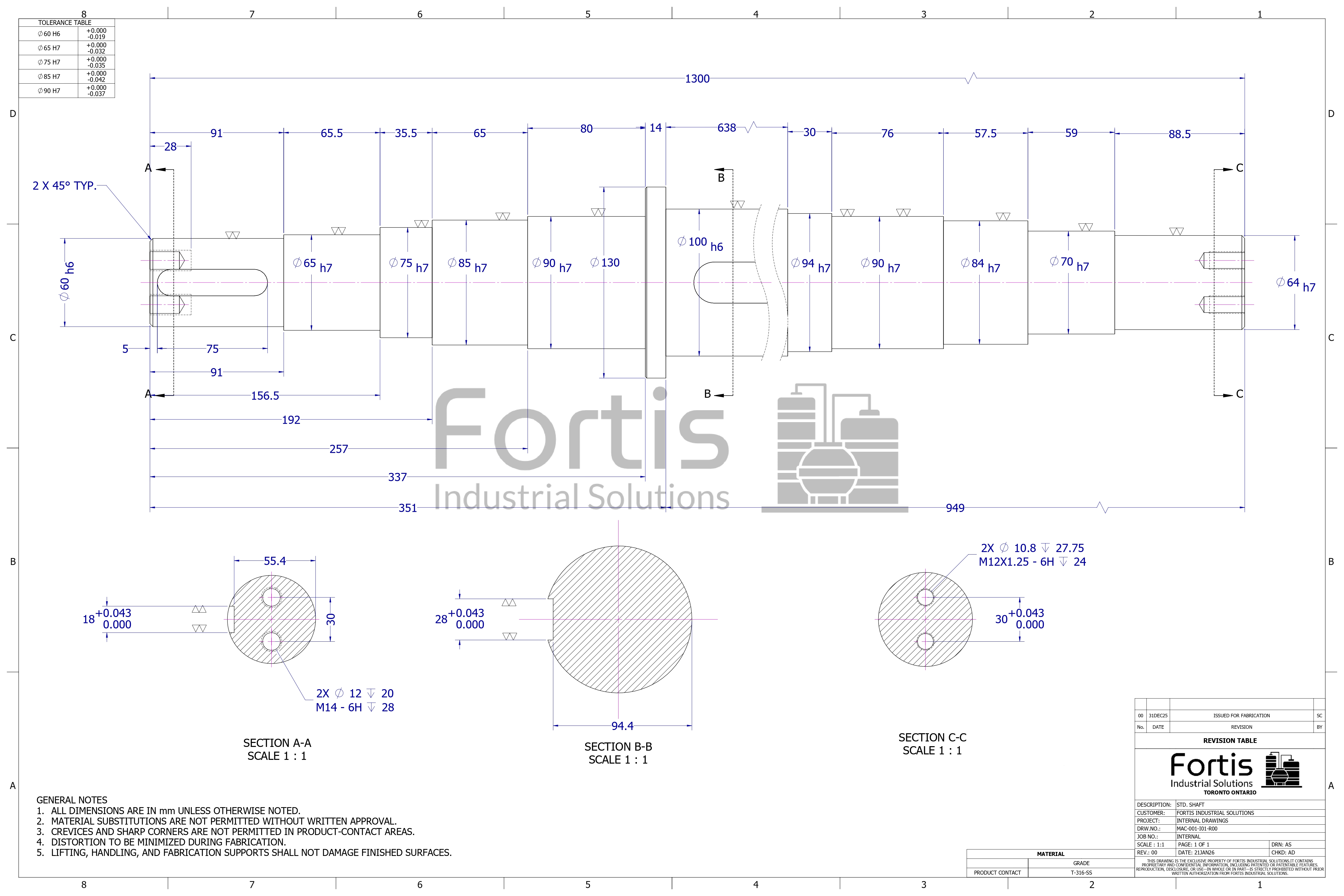 Precision-machined shaft drawing representing tight tolerances and fit-up